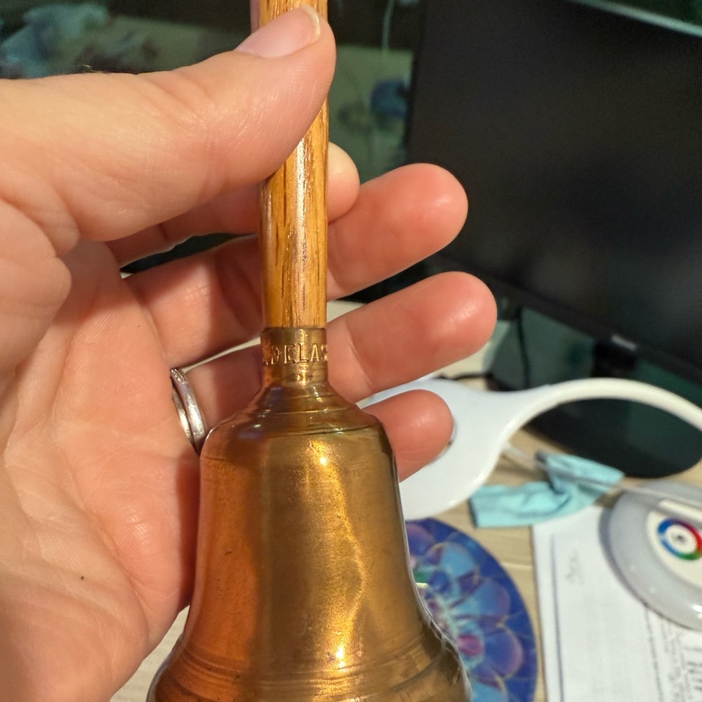 Vintage Brass Hand Bell with Wooden Handle 1982 engraved on it